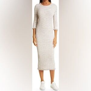 Veronica Beard Richie Ribbed 3/4 Sleeve Bodycon Knit Midi Dress Sand Medium $448
